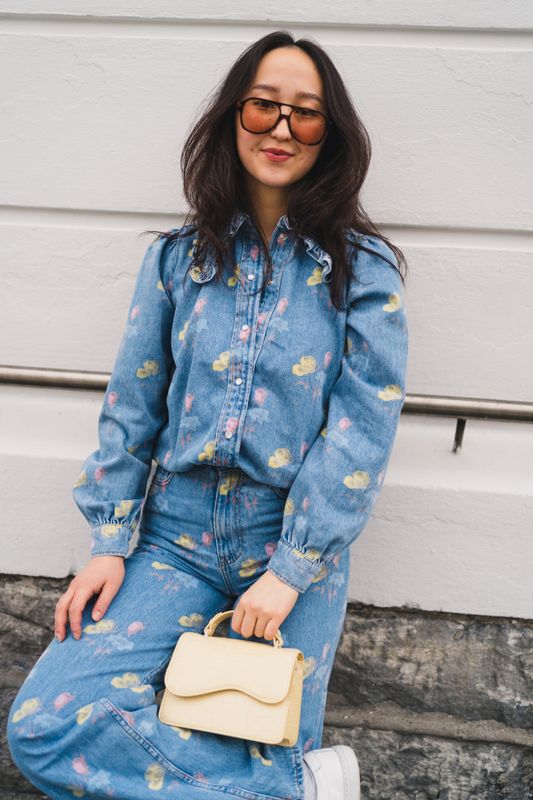 Print Indigo Frill Collar Shirt Bleach Blue 