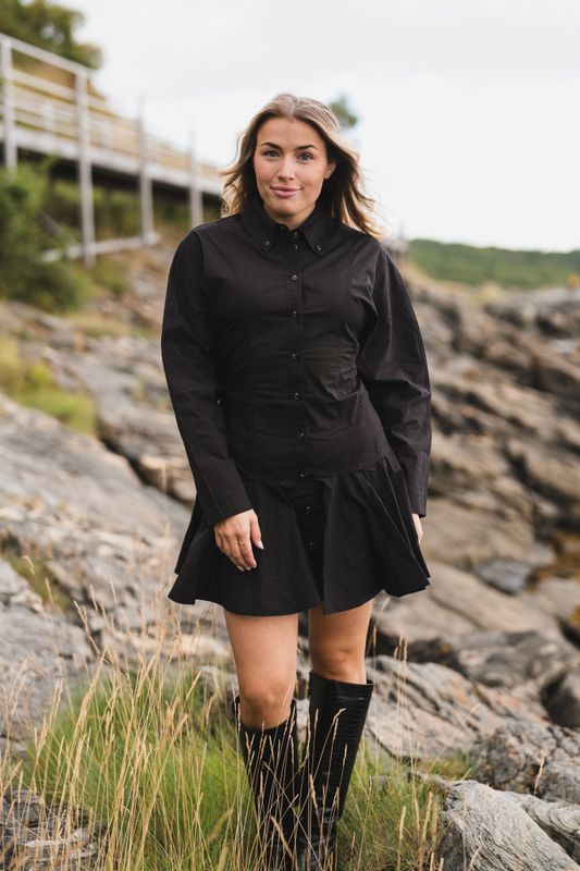 Stretch Cotton Buttoned Mini Dress Black 