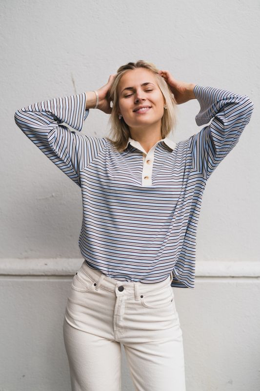 Lirenne Striped Polo Blouse Light Blue 
