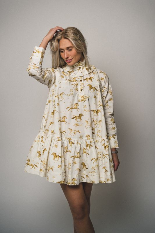 Printed Cotton Poplin Oversized Dress Cognac 