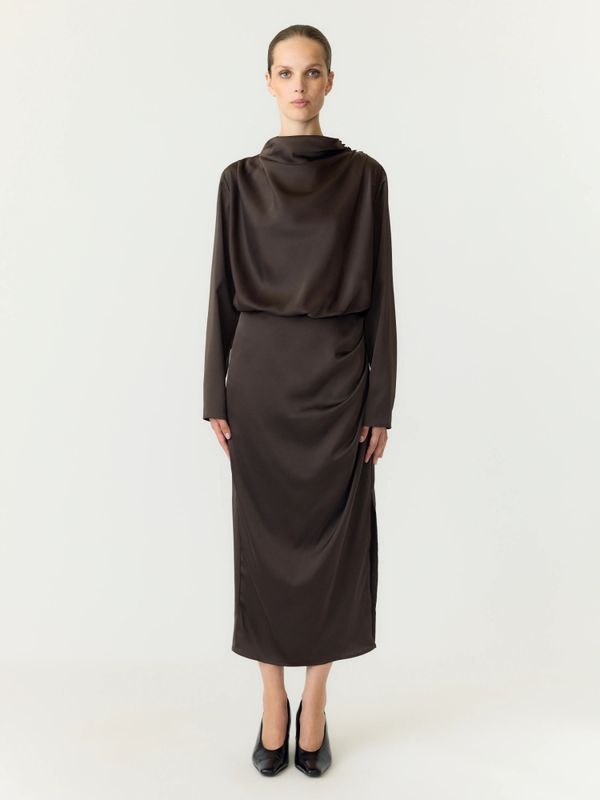 Pella LS Funnel Neck Long Dress Chocolate Brown 