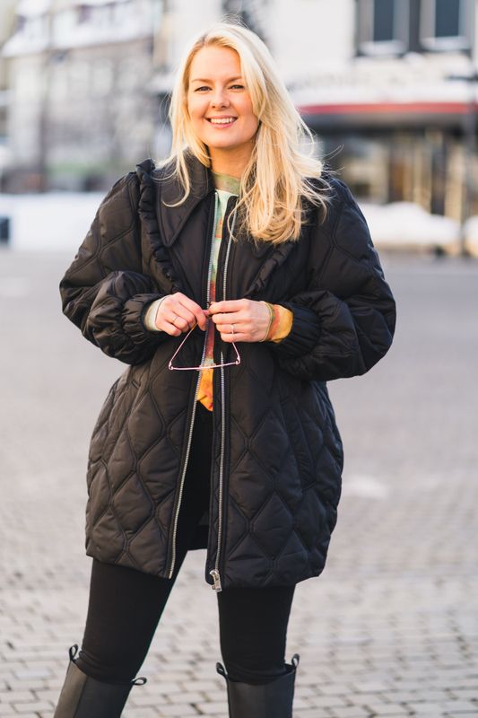 Recycled Ripstop Quilt Frill Coat Black 