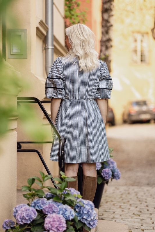 Seersucker Decorated Dress Navy Checks 