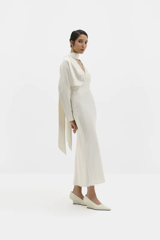 Ingrid Scarf Neck Satin Midi Dress Pearl 