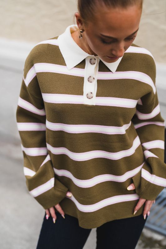 Isabell LS Polo Knit Pullover Fir Green W. Stripes