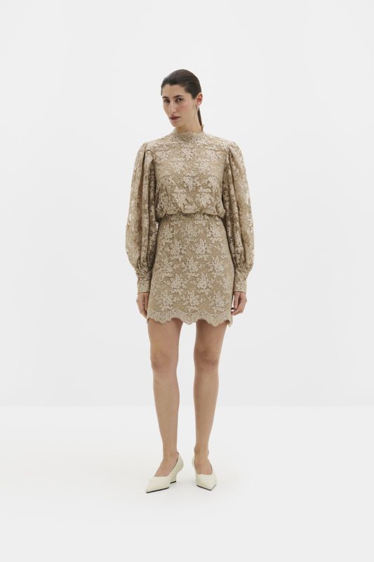 Alvida High-Neck Lace Mini Dress Champagne 