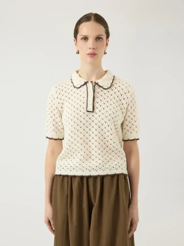 Lingo LS Knit Polo Top Pristine W Brown Edges 