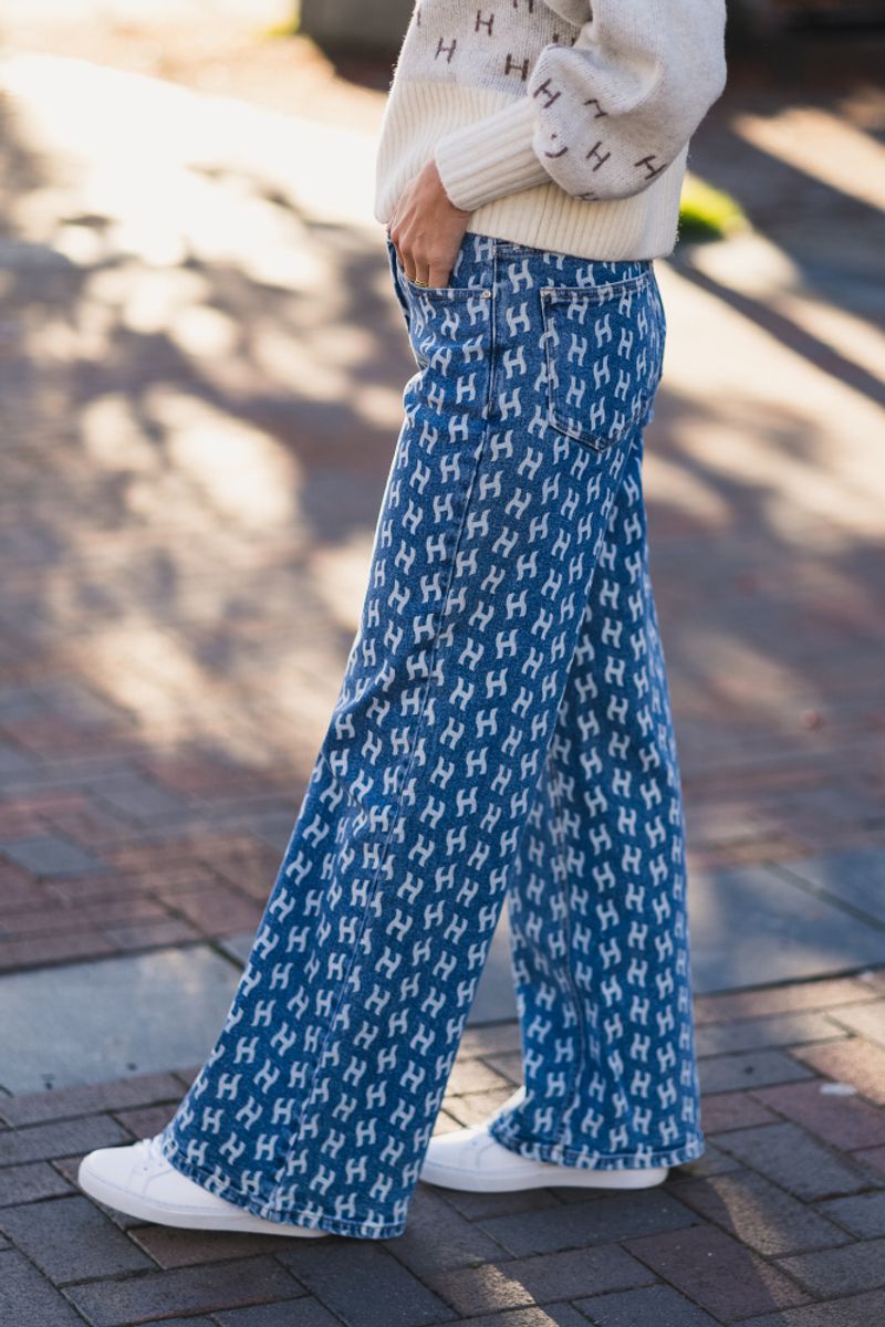 Megan Wide Leg Printed Jeans Blue 