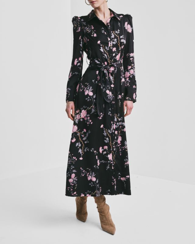Satin Belt Dress Midnight Garden 