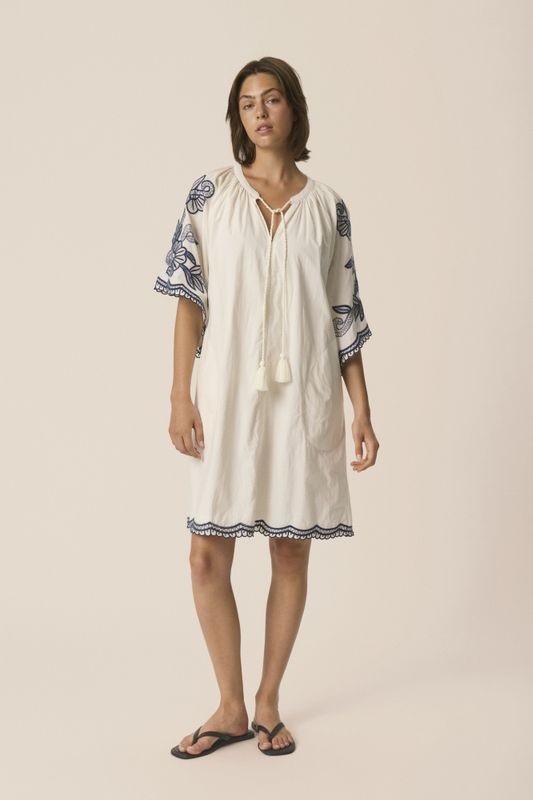 Breanna Dress Whisper White W Blue Emb