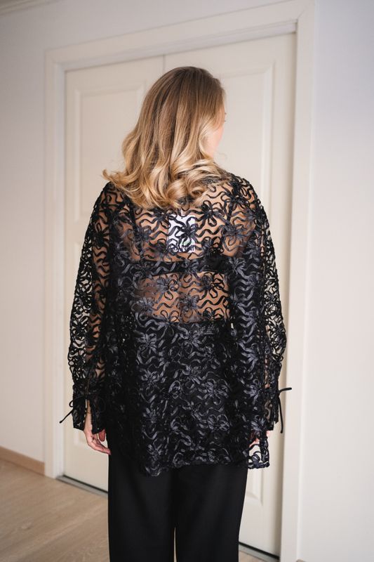 Ribbon Tulle Raglan Shirt Black 