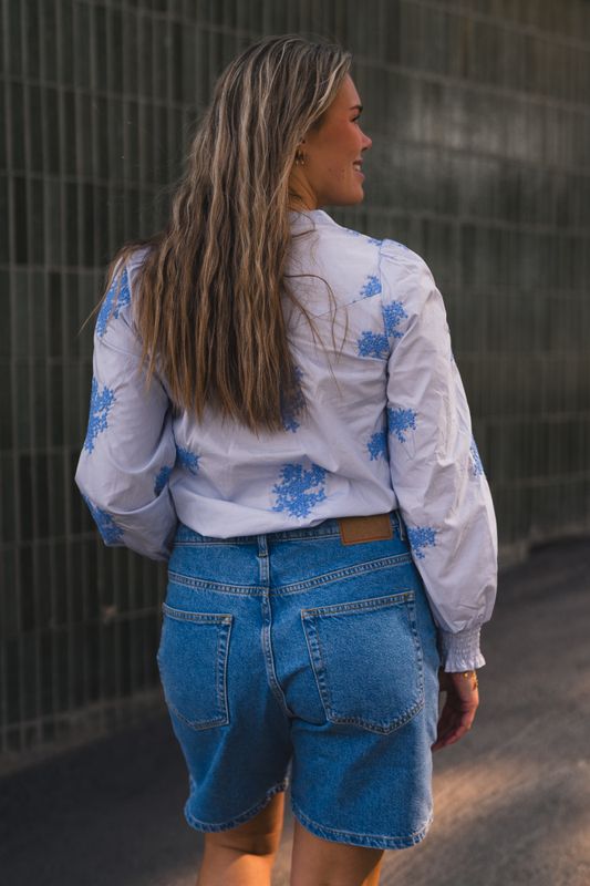 Miluna New Embroidery Shirt Light Blue Flower W. Embroidery