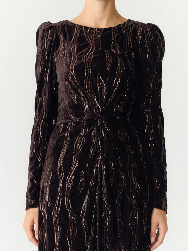 Hella LS Velour Midi Dress Black Rhinestones 