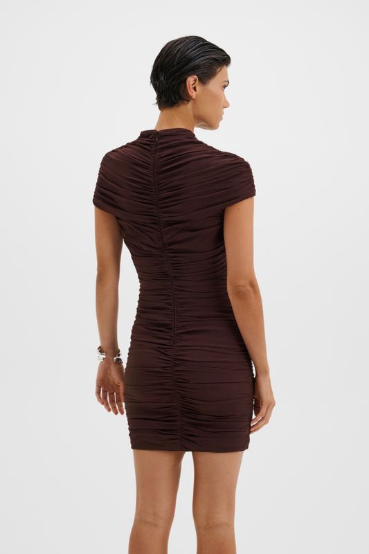 Loana Draped Chiffon Mini Dress Espresso 