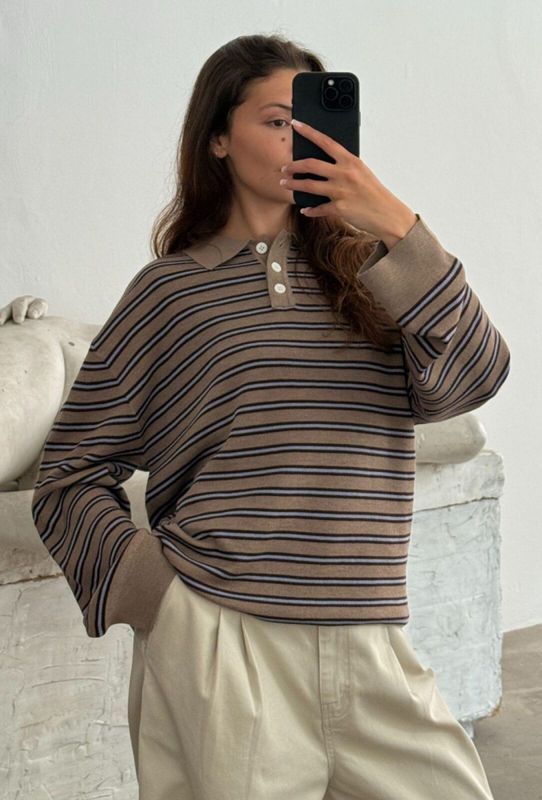 Adanne Polo Knit Stripe Beige/Bordeaux 