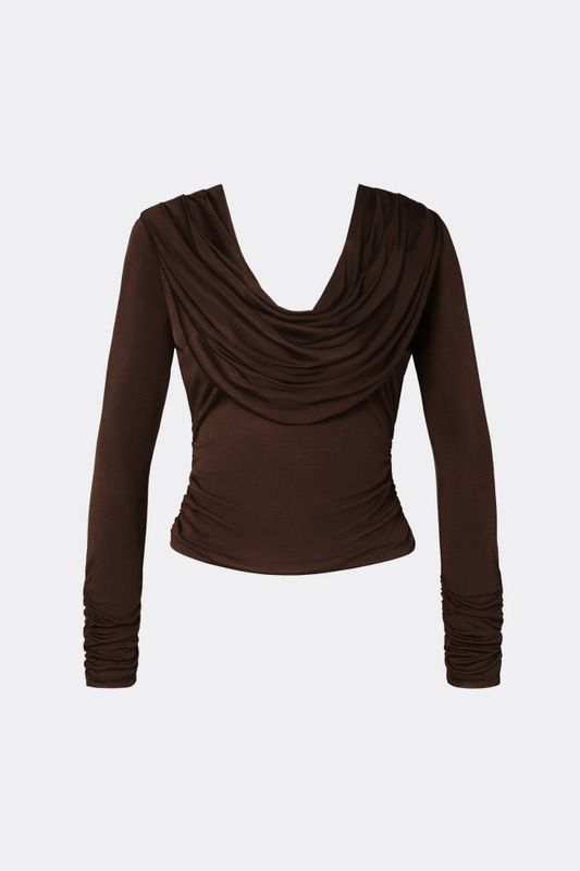 Signe Cowl Neck Jersey Top Dark Brown 