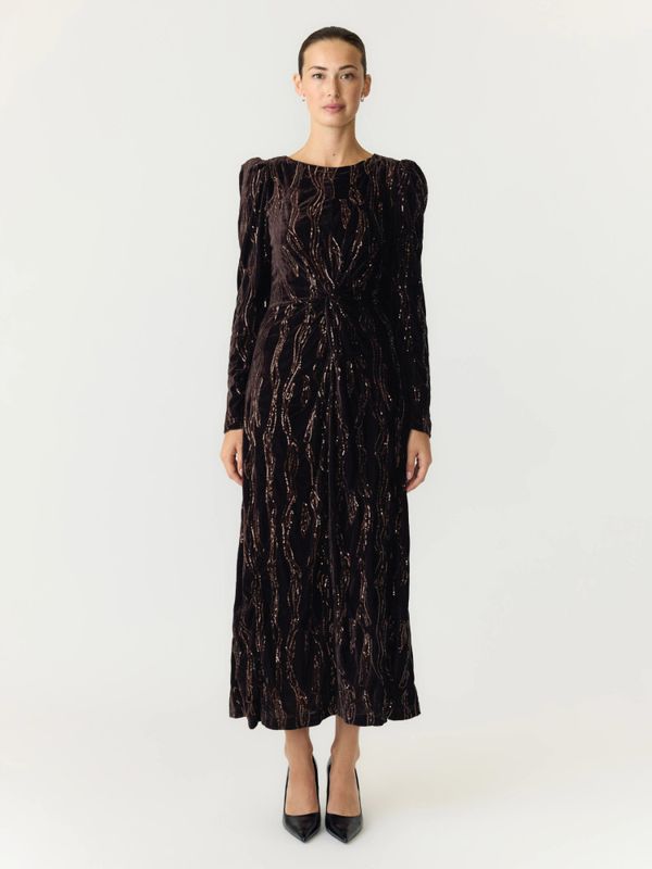 Hella LS Velour Midi Dress Black Rhinestones 