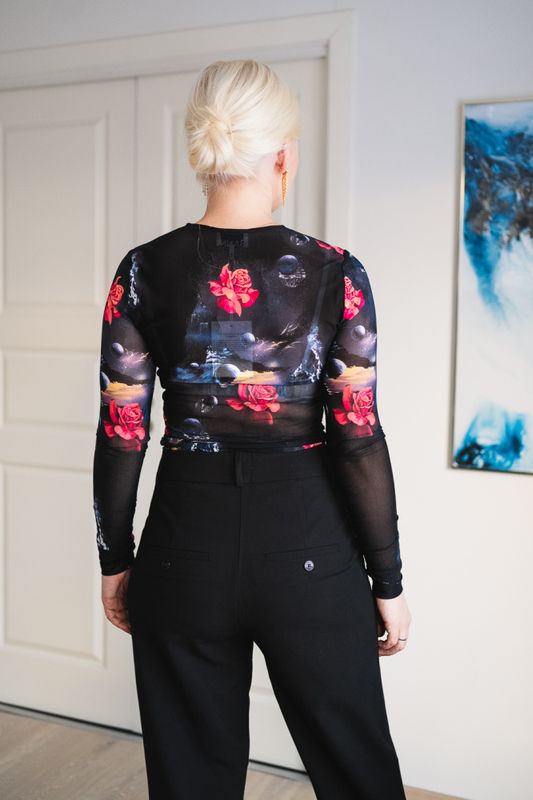 Printed Mesh Long Sleeve Gathered Blouse Black 