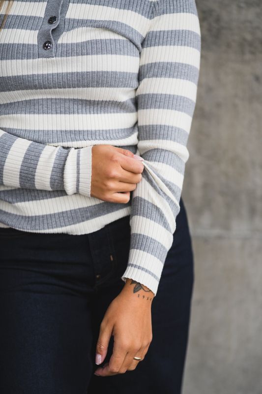 Bonny Stripe L/S Polo Knit Light Grey 