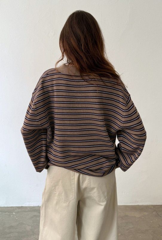 Adanne Polo Knit Stripe Beige/Bordeaux 