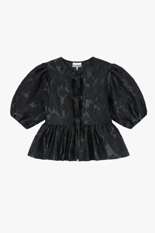 Satin Cloque Peplum Blouse Black 