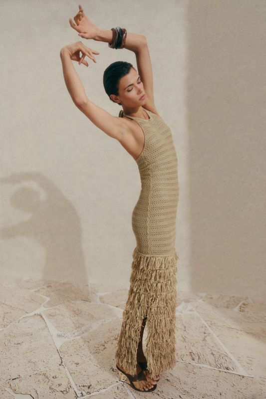 Elissa Halterneck Fringe Maxi Dress Sand 