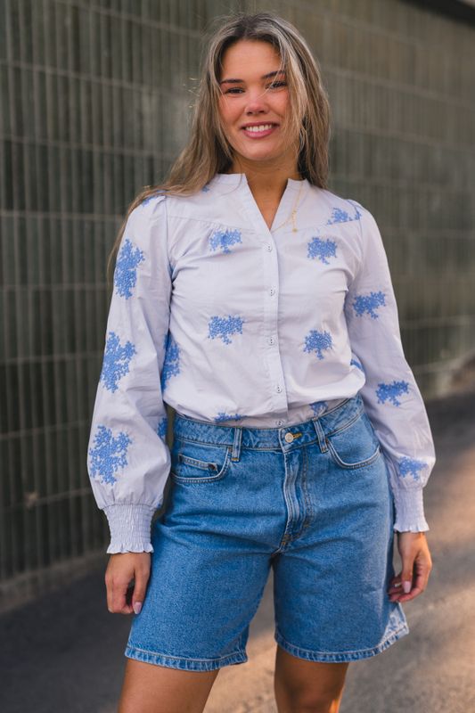 Miluna New Embroidery Shirt Light Blue Flower W. Embroidery