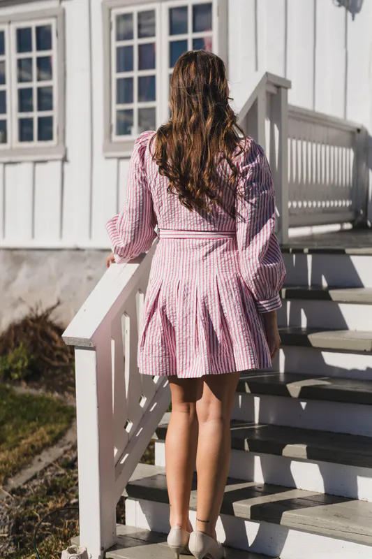 Seersucker Pleated Dress Pink Stripe 