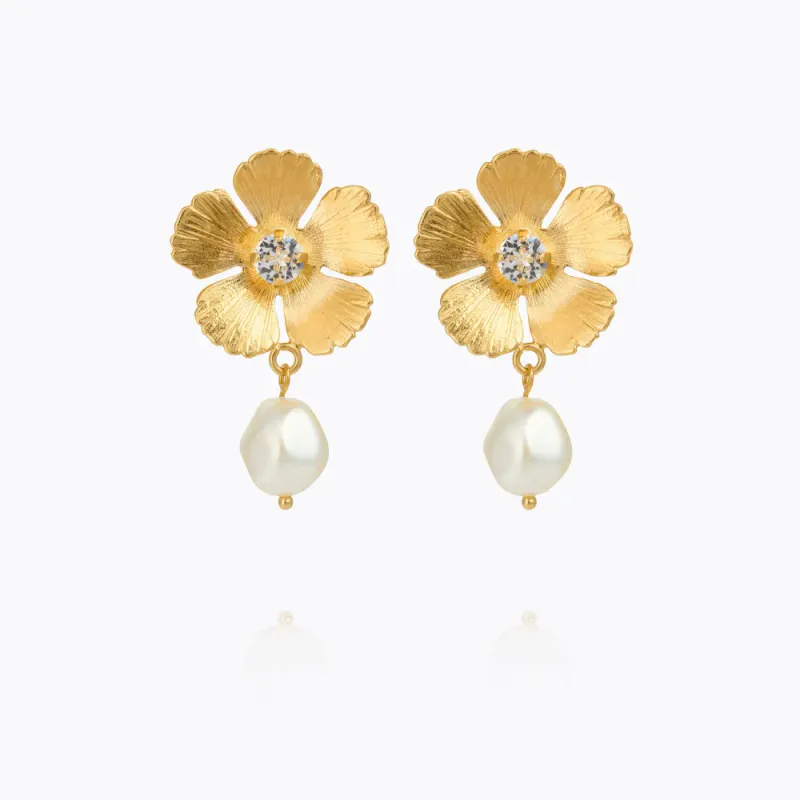 Mini Anemone Pearl Earrings Gold Crystal 