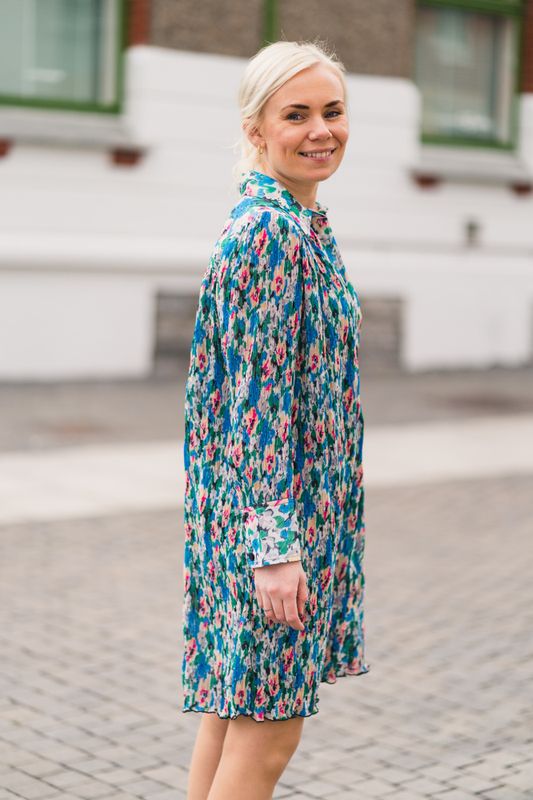 Pleated Georgette Mini Shirt Dress Floral Azure Blue 
