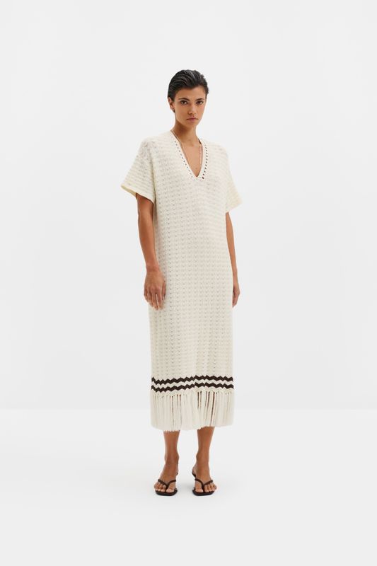 Kira Knitted Fringe Midi Dress White 