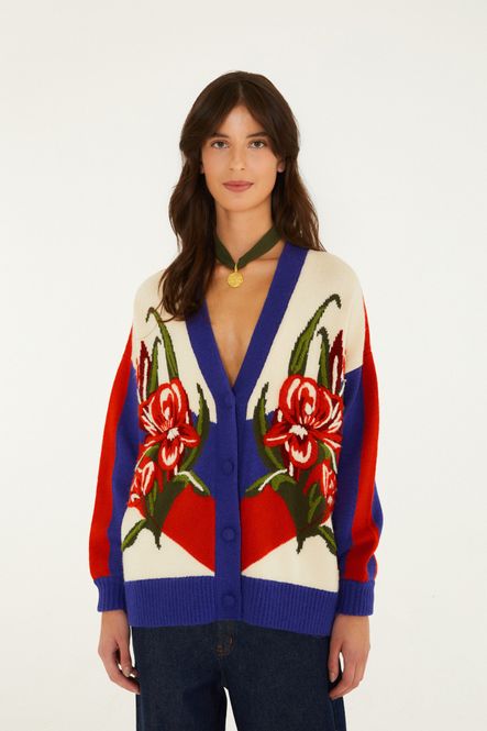 Hovedbilde Bold Stripe Flowers Knit Cardigan Beige 