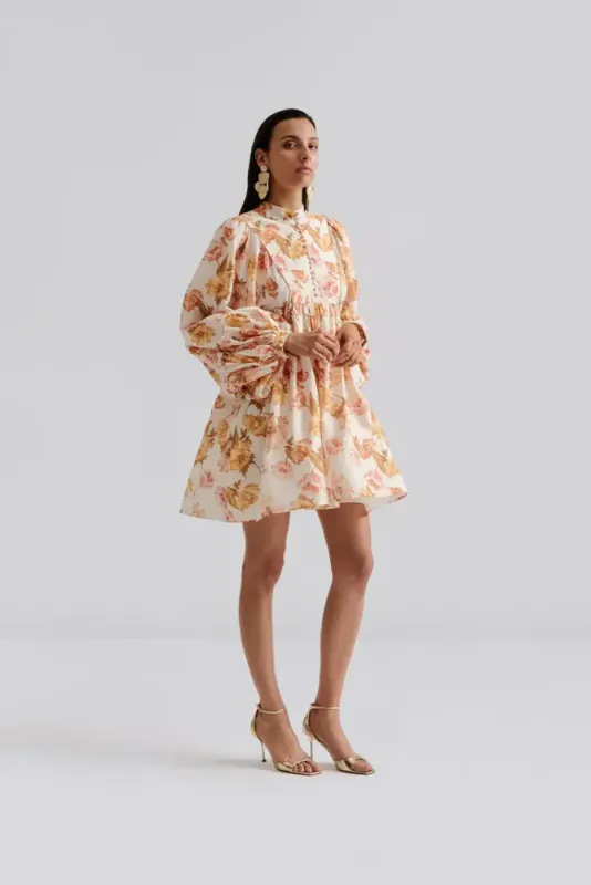 Tyra High Neck Balloon Sleeve Mini Dress Cream Peony 