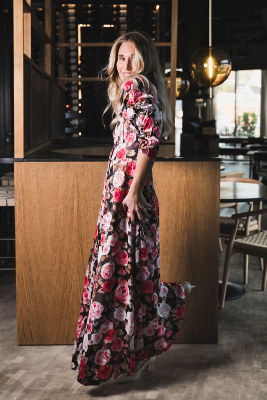 Satin Button-Down Dress Midnight Roses 