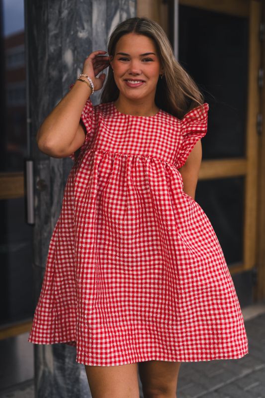 Crinkled Taffeta Check Frill Mini Dress Red Altert 