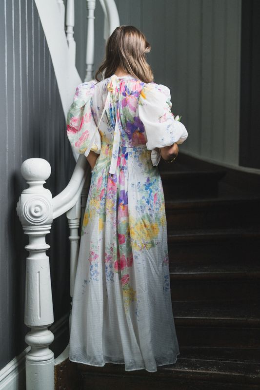 Dotted Georgette Tieback Gown Flower Meadow 