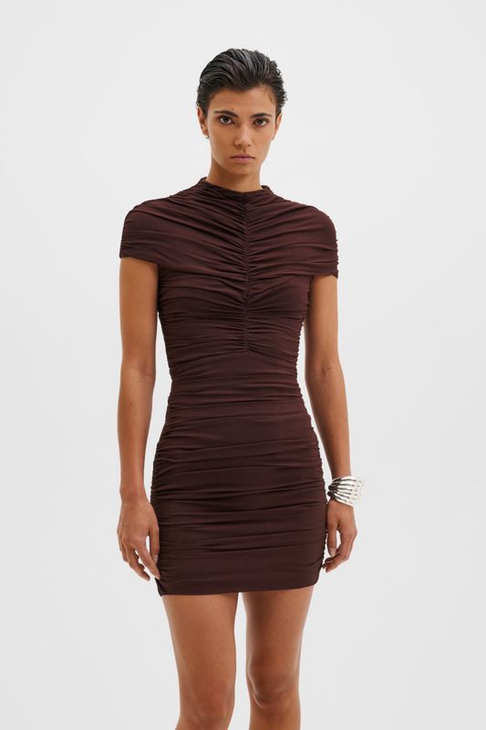 Loana Draped Chiffon Mini Dress Espresso 