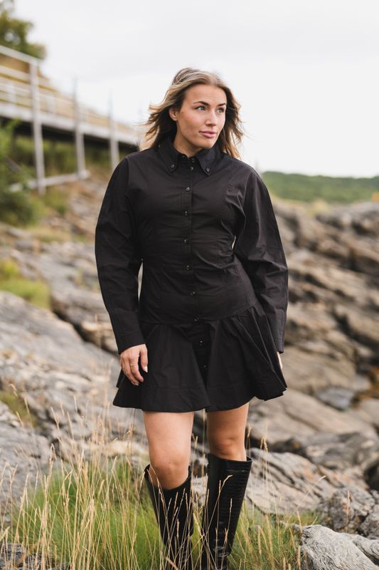 Stretch Cotton Buttoned Mini Dress Black 