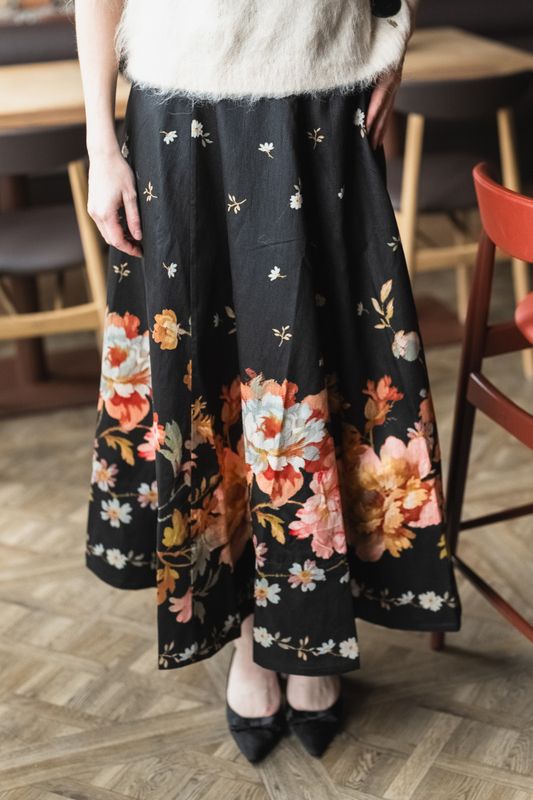 Taffeta Maxi Skirt Midnight Blossoms