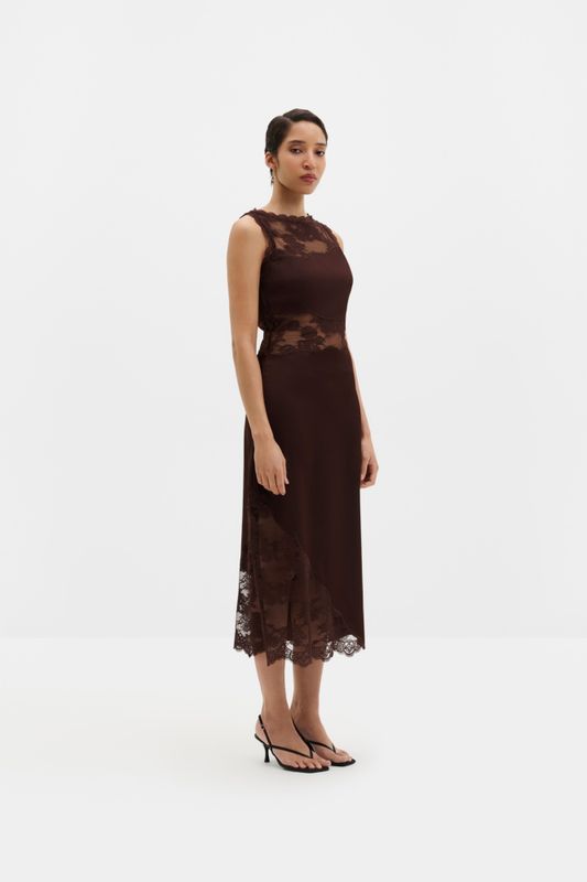 Desire Lace Trimmed Cut Out Midi Dress Espresso 